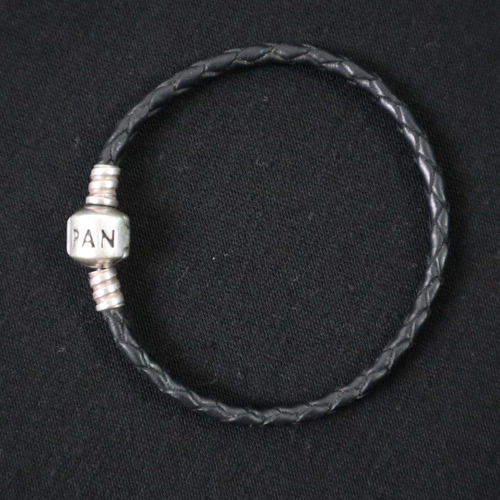 Pandora Black Braided Leather Sterling Silver Clasp Charm Bracelet - Size 6.5" - Picture 4 of 4